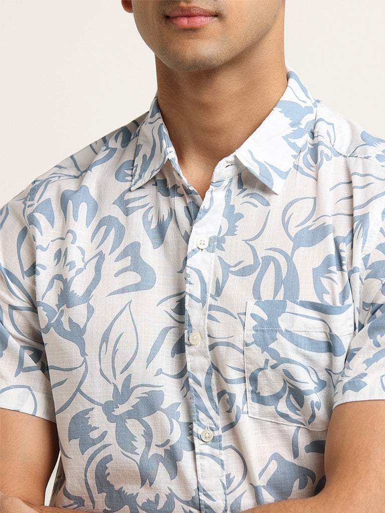 WES Casuals Light Blue Floral Print Slim Fit Cotton Shirt