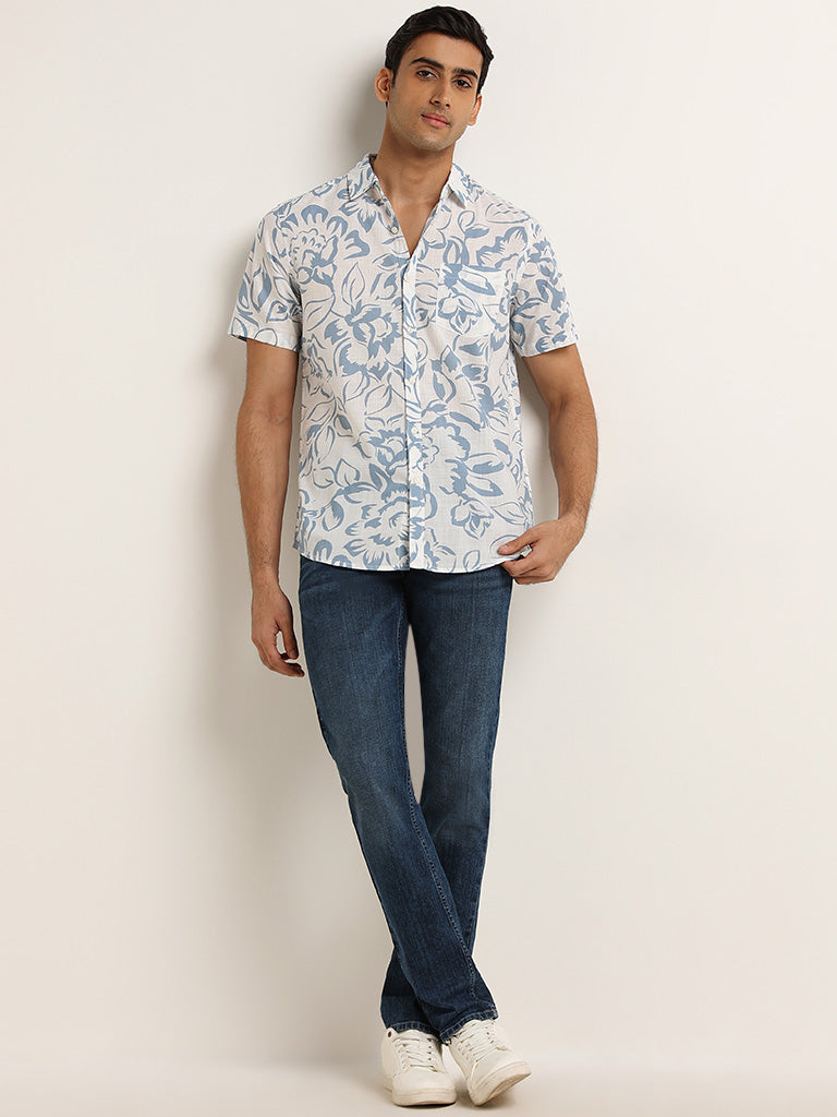 WES Casuals Light Blue Floral Print Slim Fit Cotton Shirt