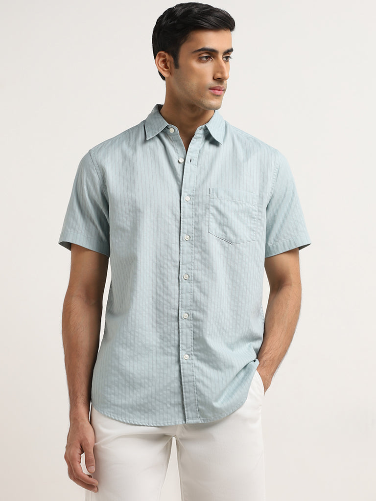 WES Casuals Aqua Seersucker Relaxed-Fit Cotton Shirt