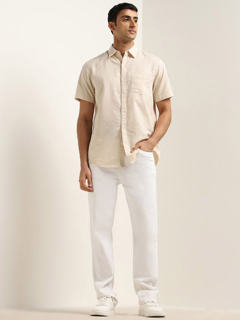 WES Casuals Beige Striped Relaxed-Fit Cotton Shirt