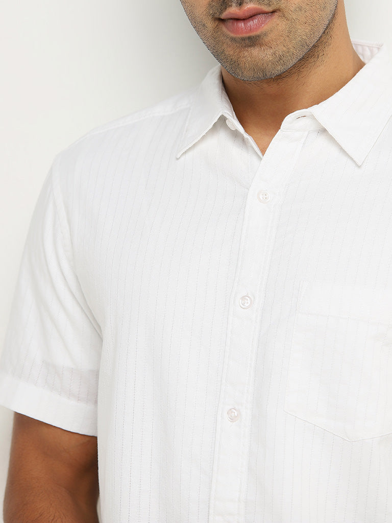 WES Casuals White Striped Relaxed-Fit Cotton Shirt