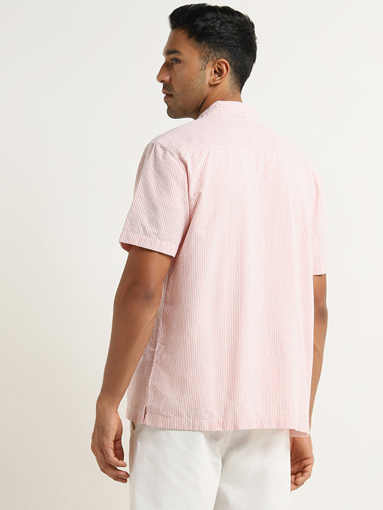 WES Casuals Coral Stripe Pattern Relaxed-Fit Cotton Shirt