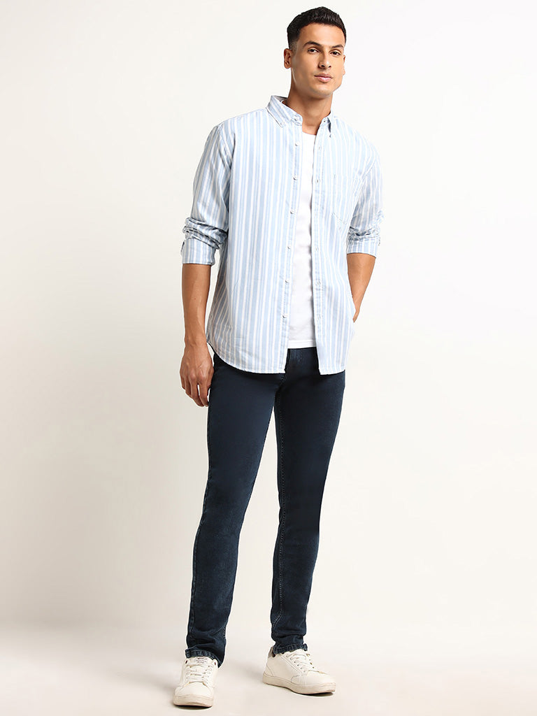 WES Casuals Blue Striped Relaxed Fit Shirt