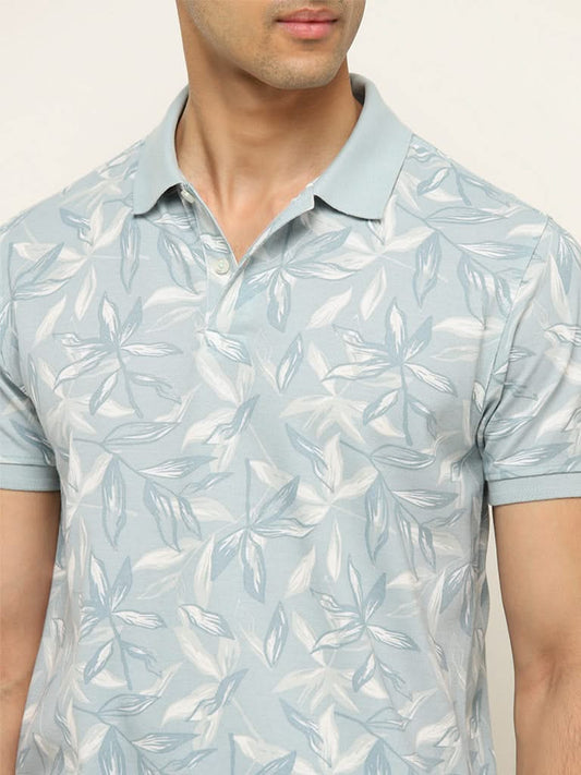 WES Casuals Light Blue Floral Printed Slim Fit Polo T-Shirt