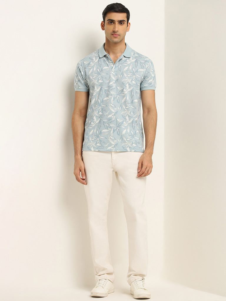 WES Casuals Light Blue Floral Printed Slim Fit Polo T-Shirt