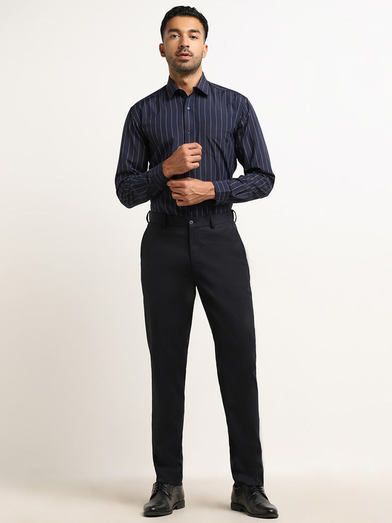 WES Formals Navy Striped Relaxed Fit Shirt