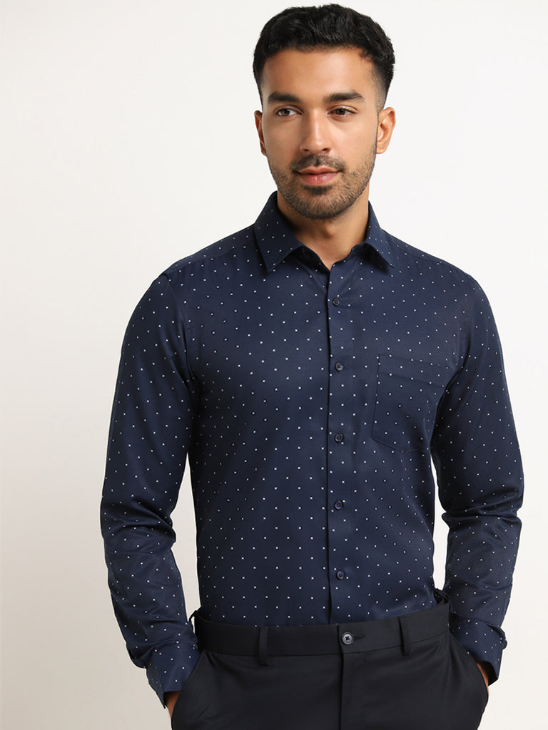 WES Formals Navy Printed Slim Fit Shirt