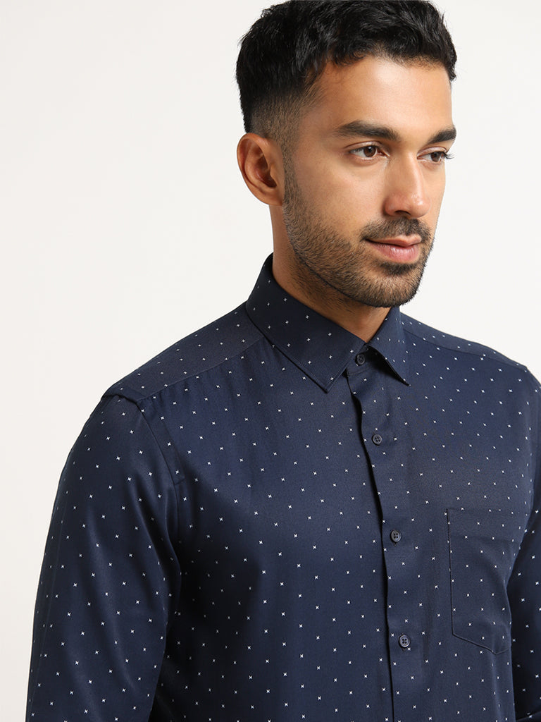 WES Formals Navy Printed Slim Fit Shirt