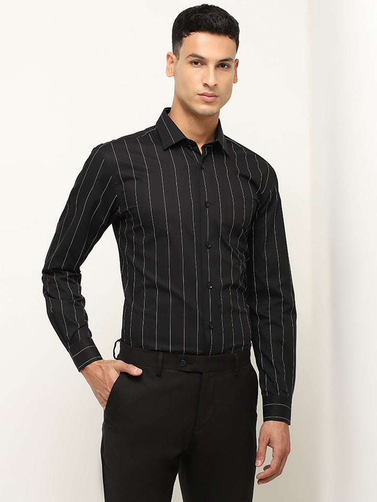 WES Formals Black Stripe Patterned Relaxed Fit Shirt