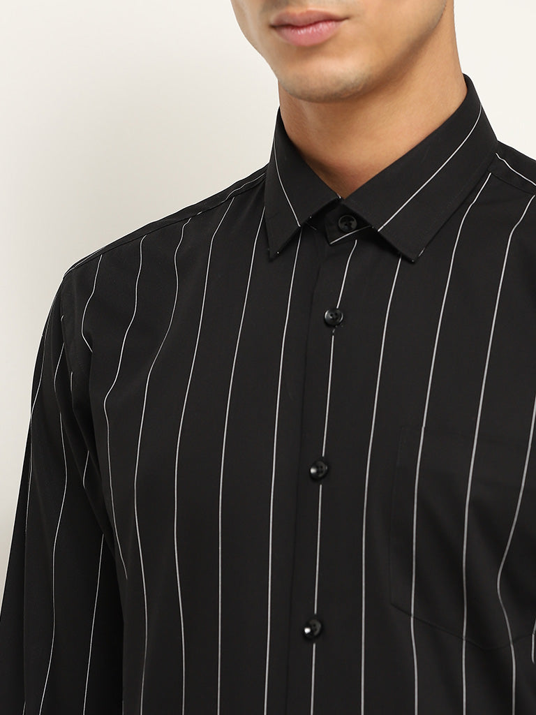 WES Formals Black Stripe Patterned Relaxed Fit Shirt