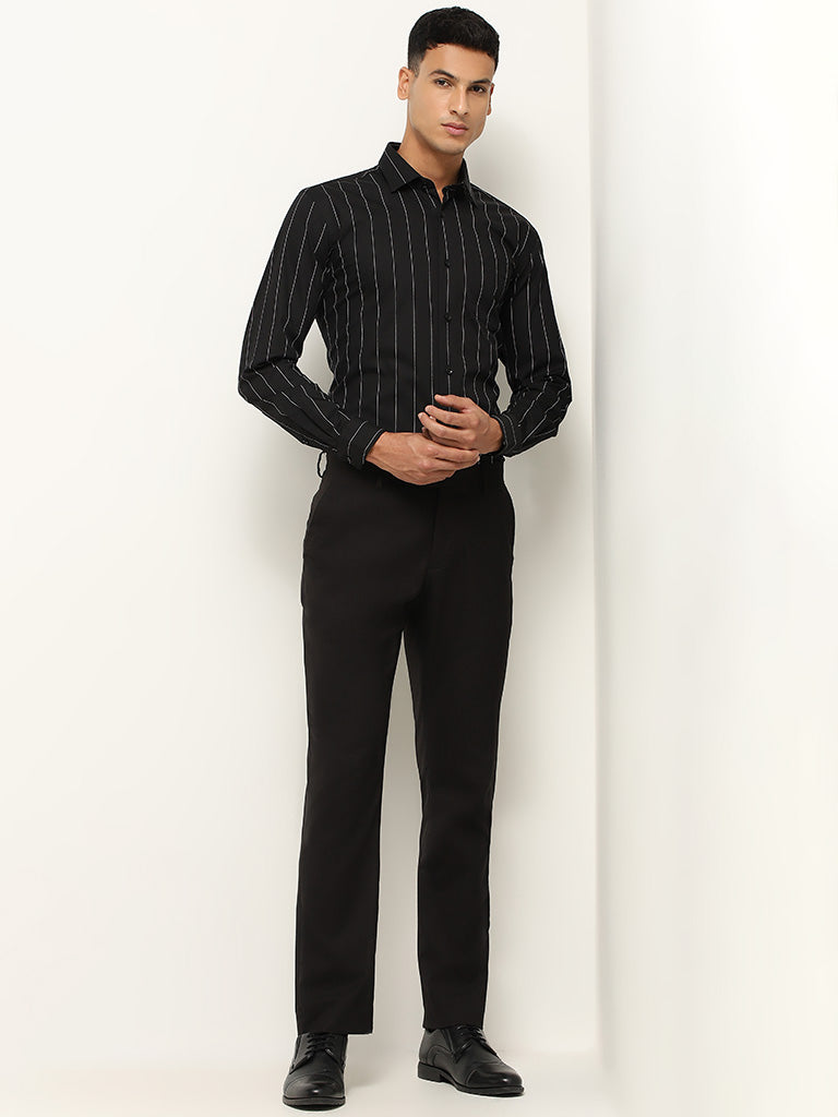 WES Formals Black Stripe Patterned Relaxed Fit Shirt