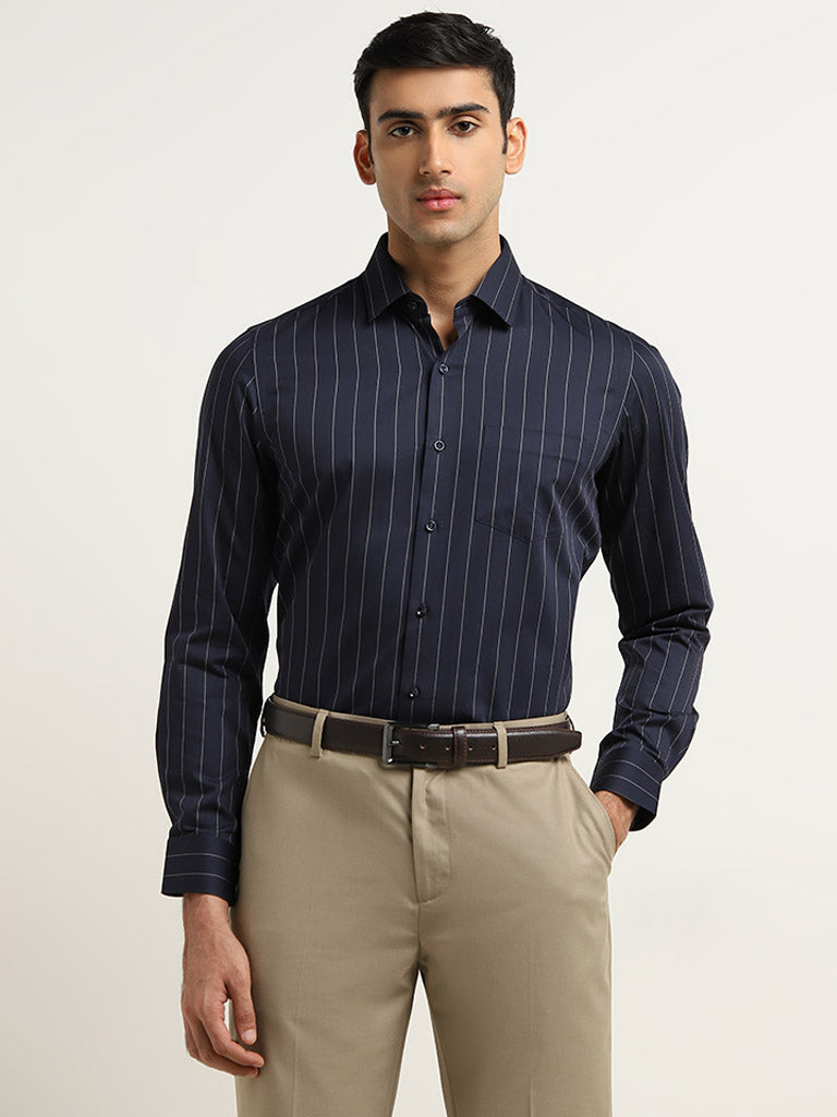 WES Formals Navy Striped Slim Fit Shirt