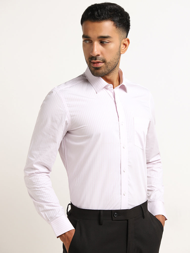 WES Formals Light Pink Striped Slim Fit Shirt