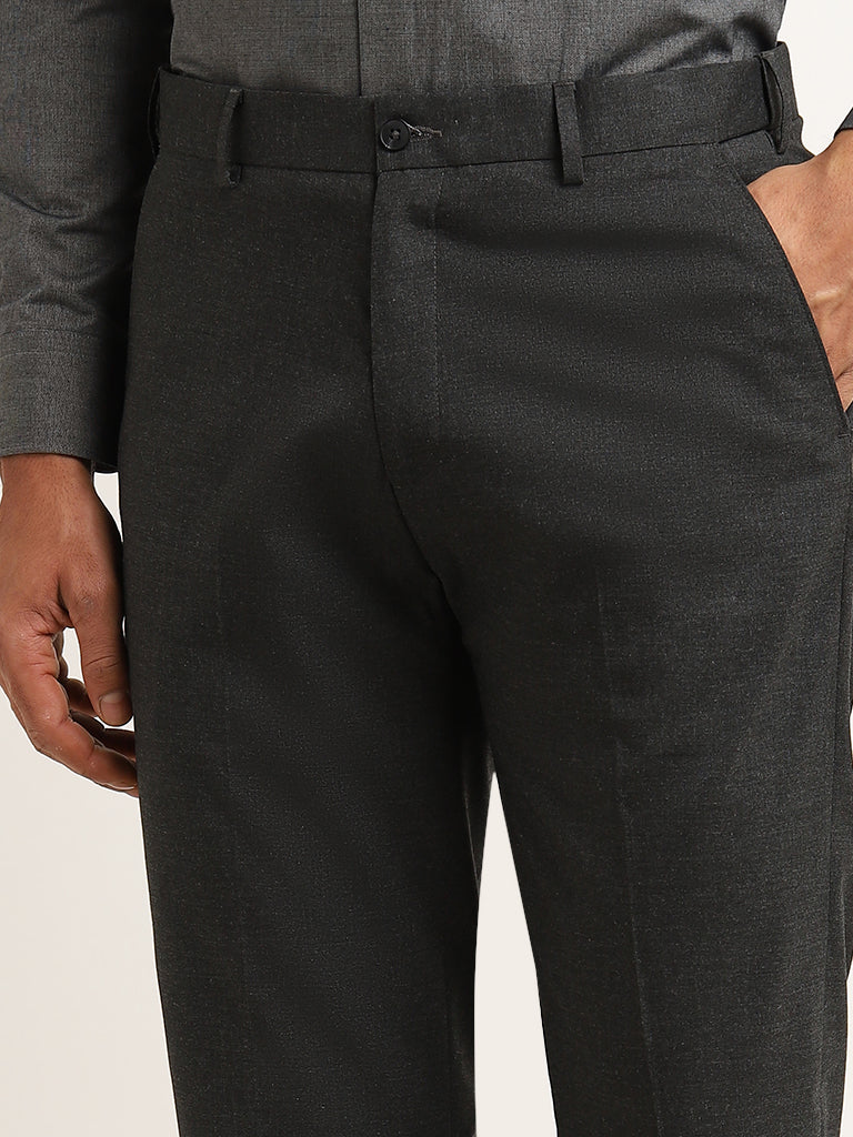 WES Formals Dark Grey Slim Fit Mid Rise Trousers