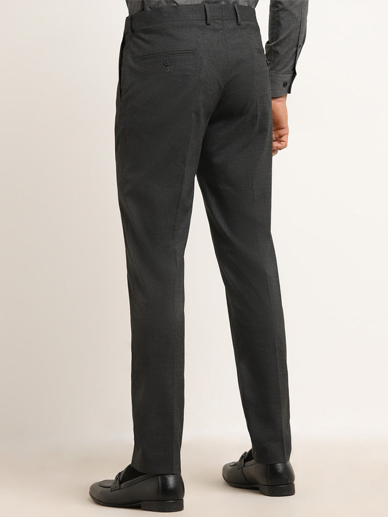 WES Formals Dark Grey Slim Fit Mid Rise Trousers