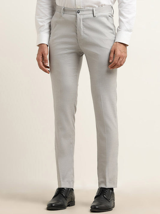 WES Formals Grey Ultra-Slim Fit Mid-Rise Cotton Blend Trousers