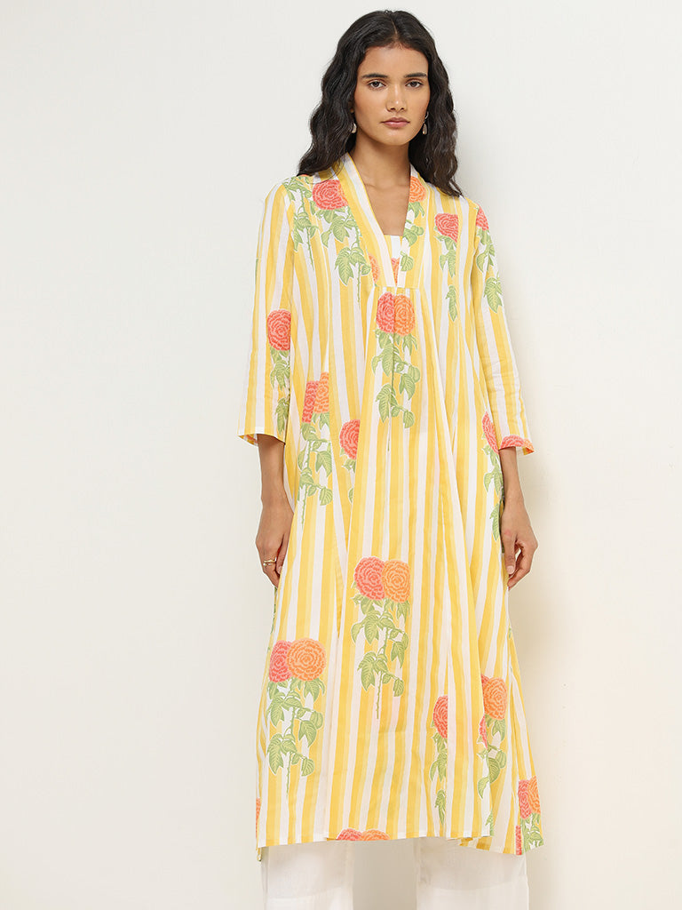 Utsa Yellow Striped Pattern A-Line Cotton Kurta