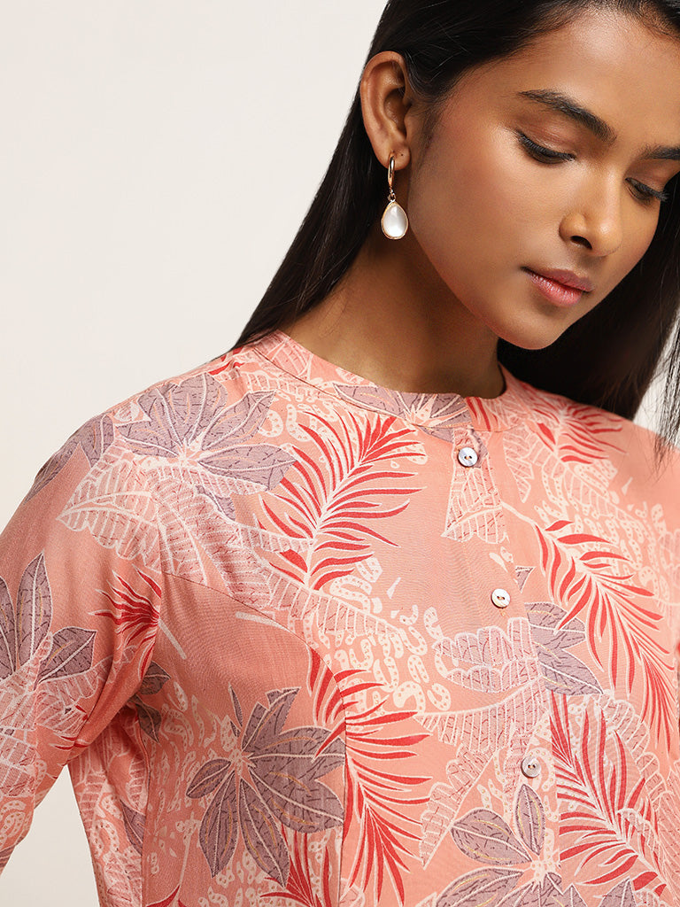 Utsa Peach Printed Button-Down Kurta