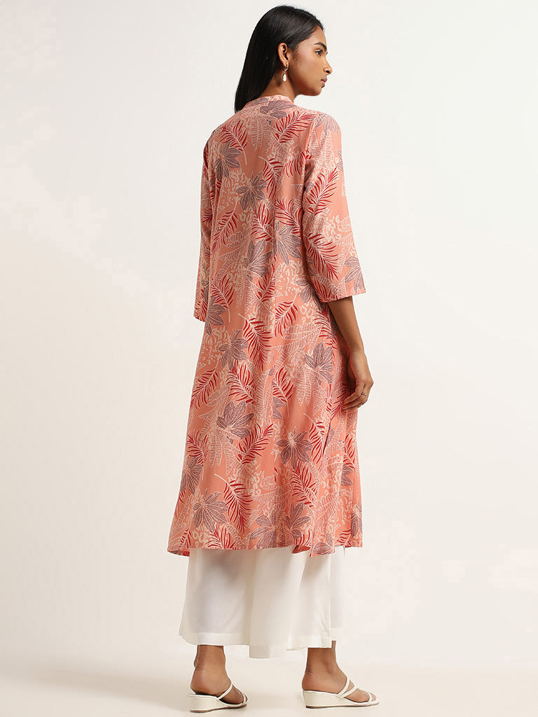 Utsa Peach Printed Button-Down Kurta