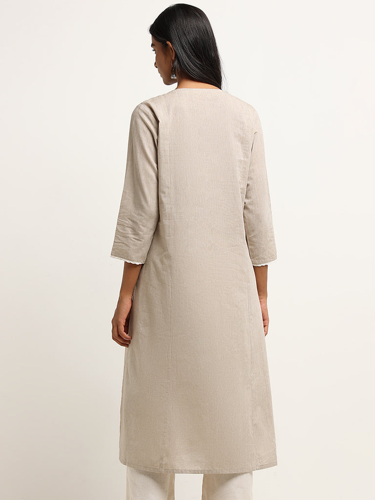 Utsa Beige Mirror Embroidered Cotton Kurta