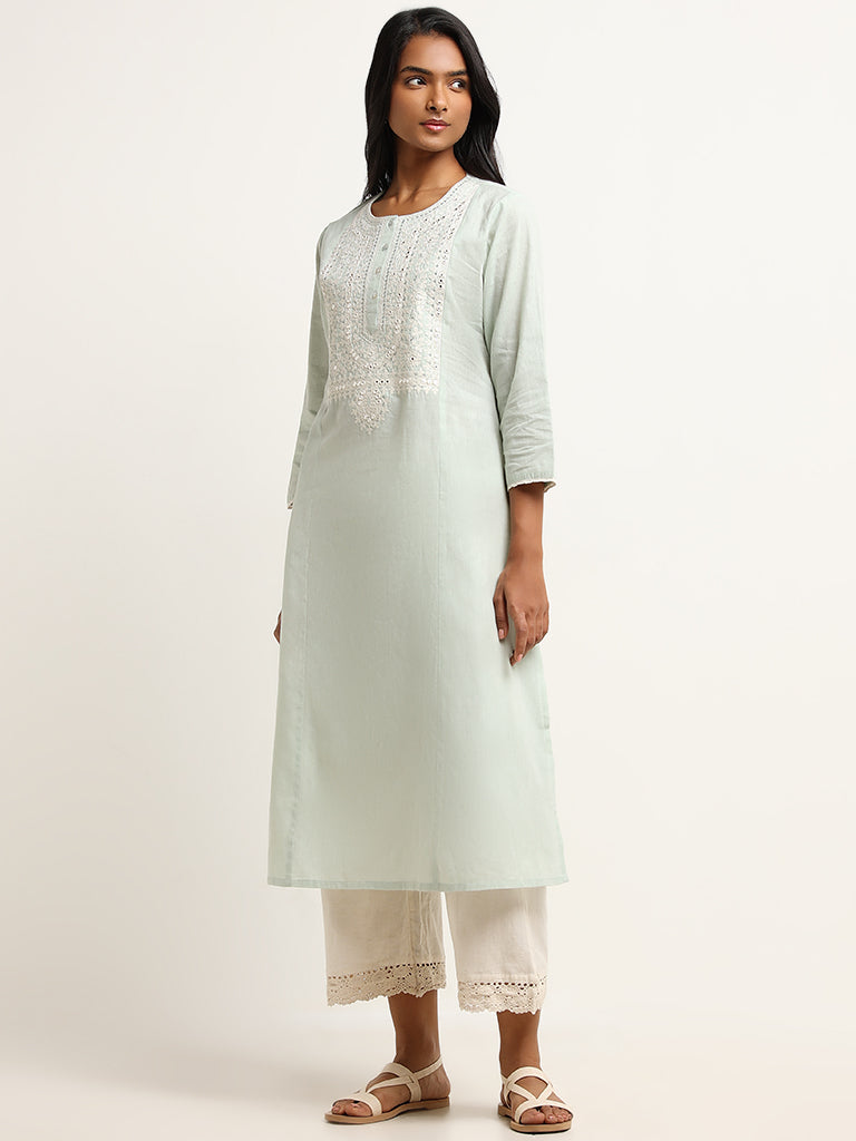 Utsa Mint Mirror Embroidered Cotton Kurta