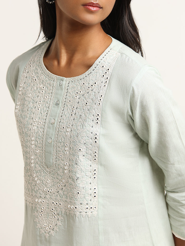 Utsa Mint Mirror Embroidered Cotton Kurta