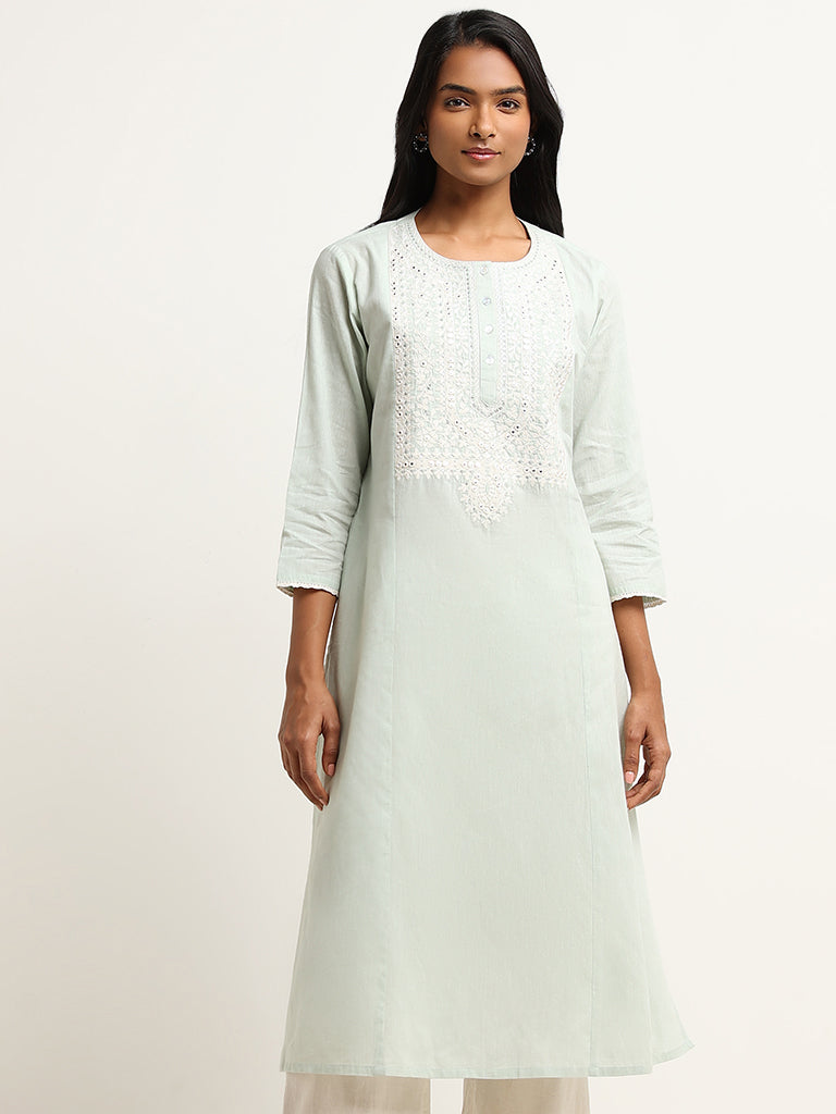 Utsa Mint Mirror Embroidered Cotton Kurta