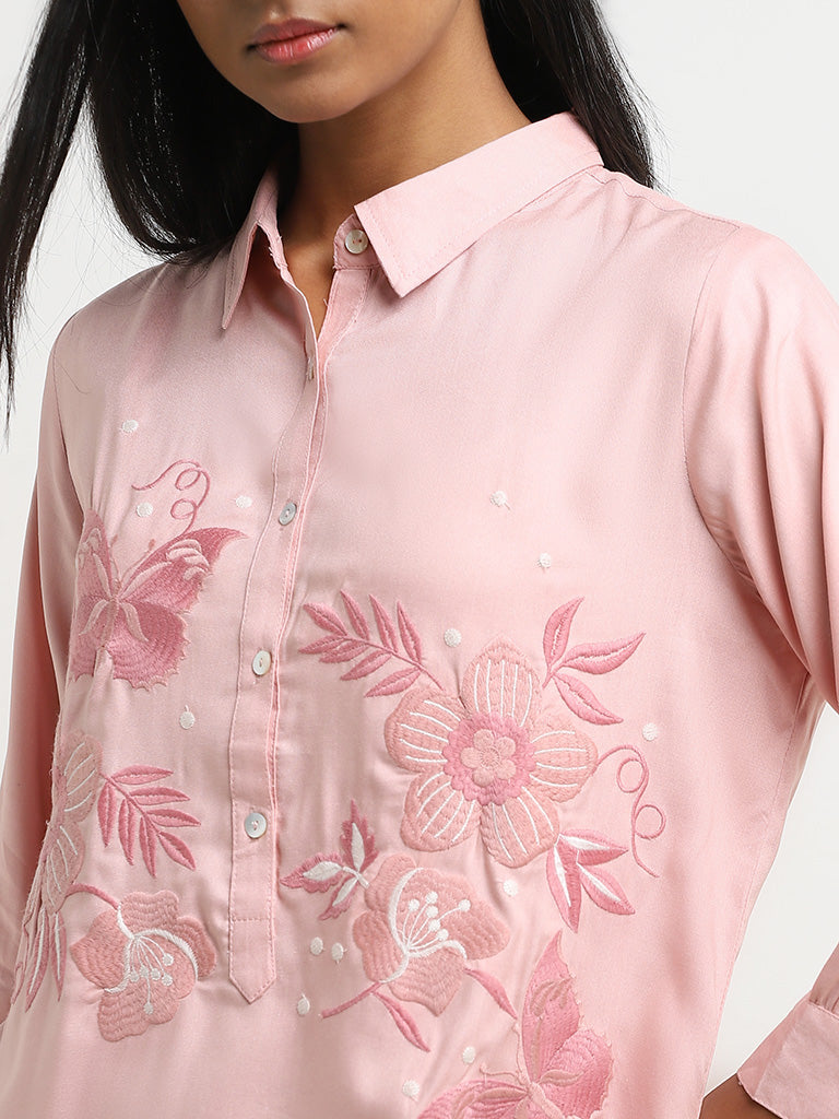 Utsa Pink Floral Embroidered Straight Tunic