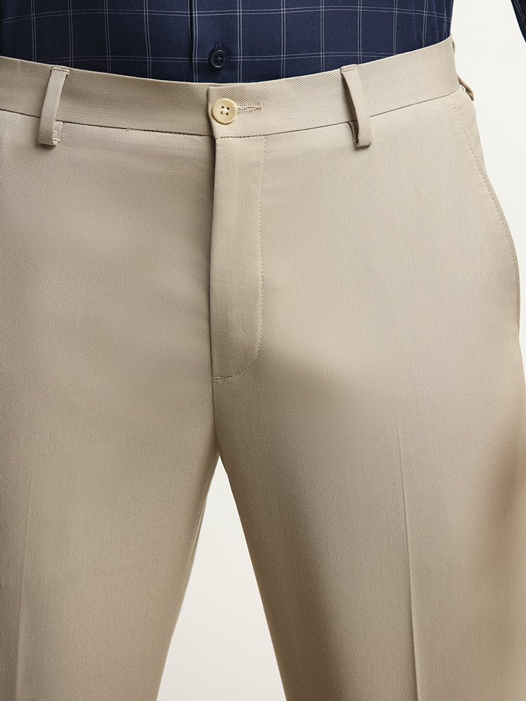 WES Formals Beige Carrot Fit Mid Rise Trousers