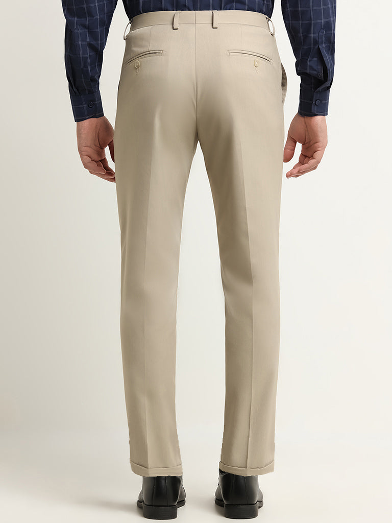 WES Formals Beige Carrot Fit Mid Rise Trousers