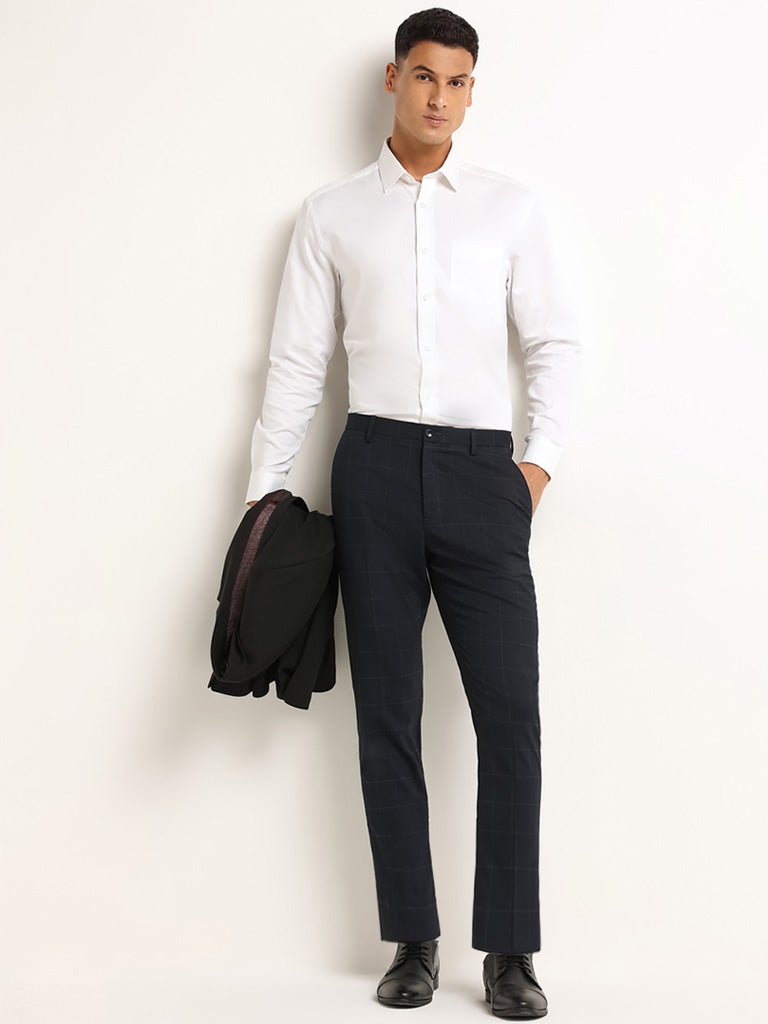 WES Formals Navy Mid-Rise Slim-Tapered Checked Trousers