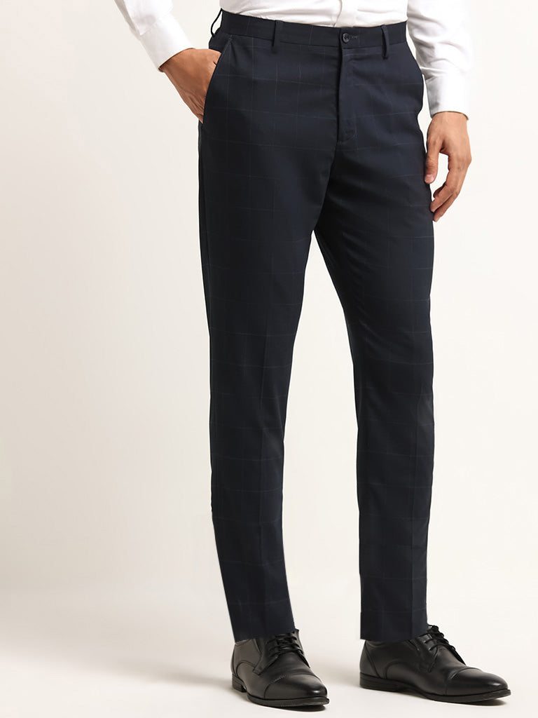 WES Formals Navy Mid-Rise Slim-Tapered Checked Trousers