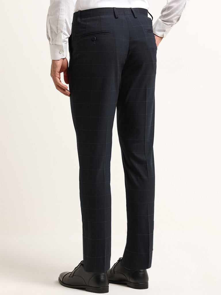 WES Formals Navy Mid-Rise Slim-Tapered Checked Trousers