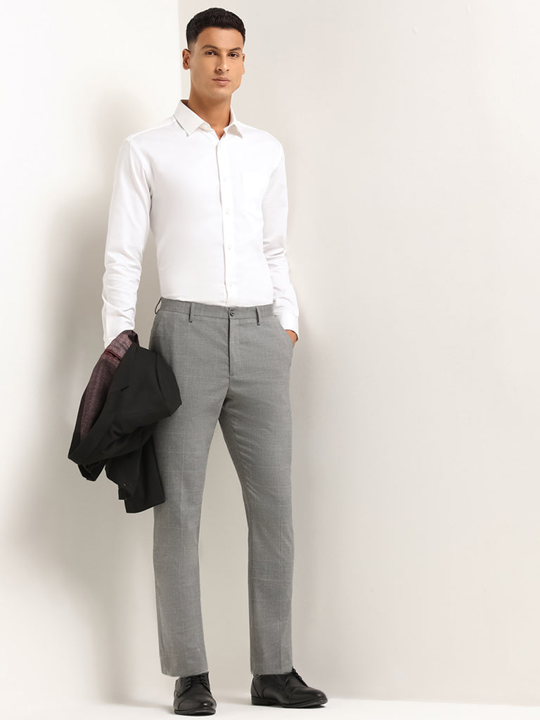 WES Formals Grey Mid Rise Slim Tapered Fit Checked Trousers