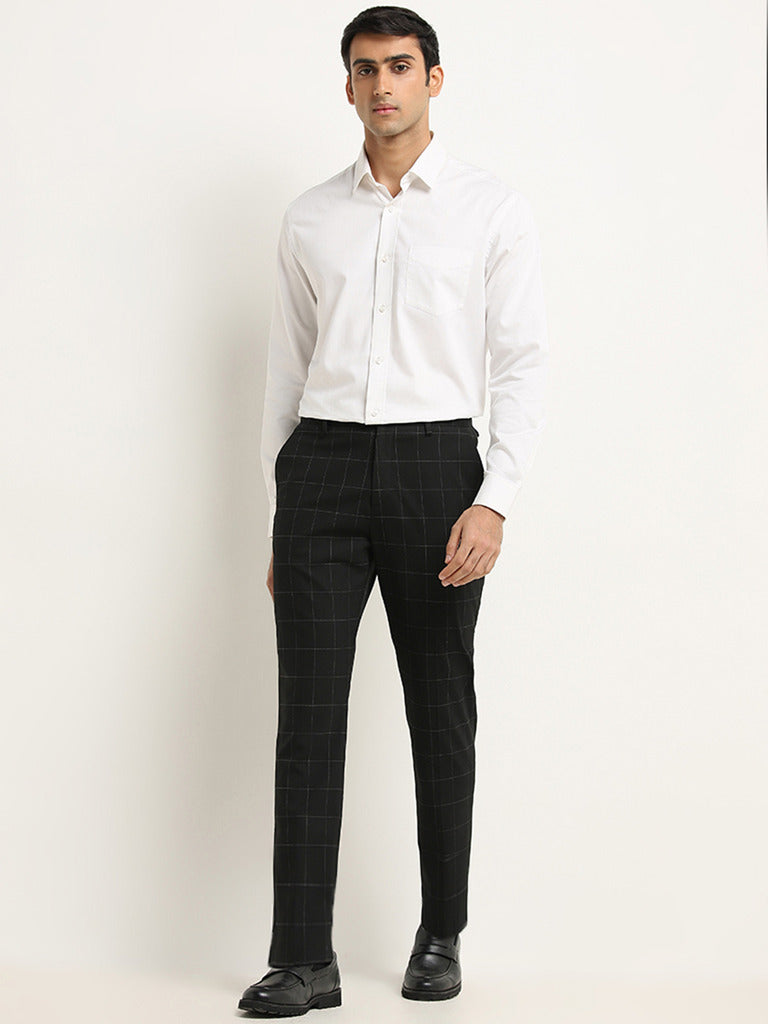 WES Formals Black Mid Rise Slim Tapered Fit Checked Trousers