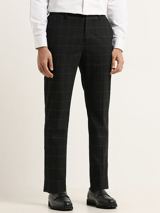 WES Formals Black Mid Rise Slim Tapered Fit Checked Trousers