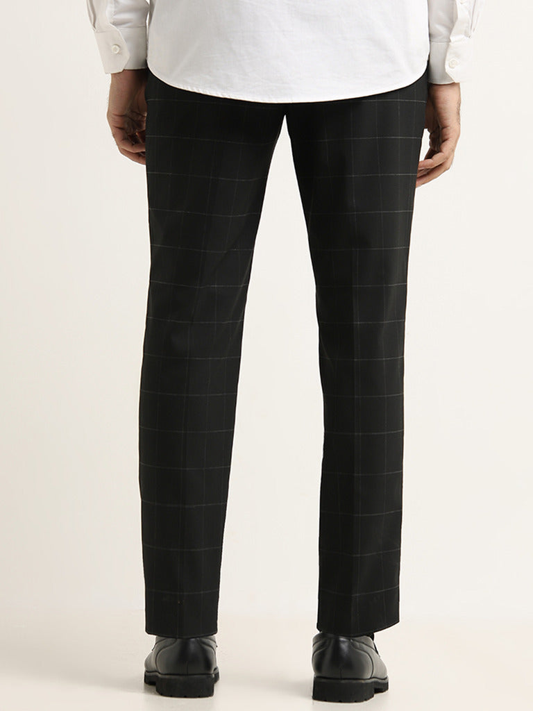 WES Formals Black Mid Rise Slim Tapered Fit Checked Trousers