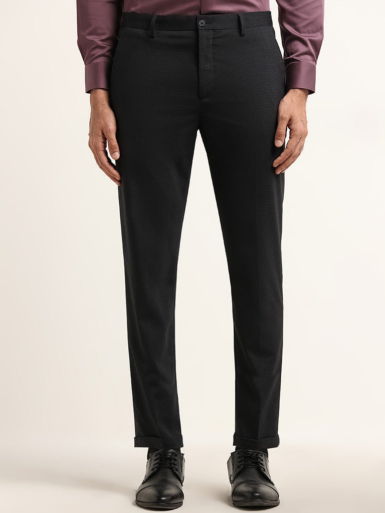 WES Formals Black Carrot-Fit Cotton Blend Trousers