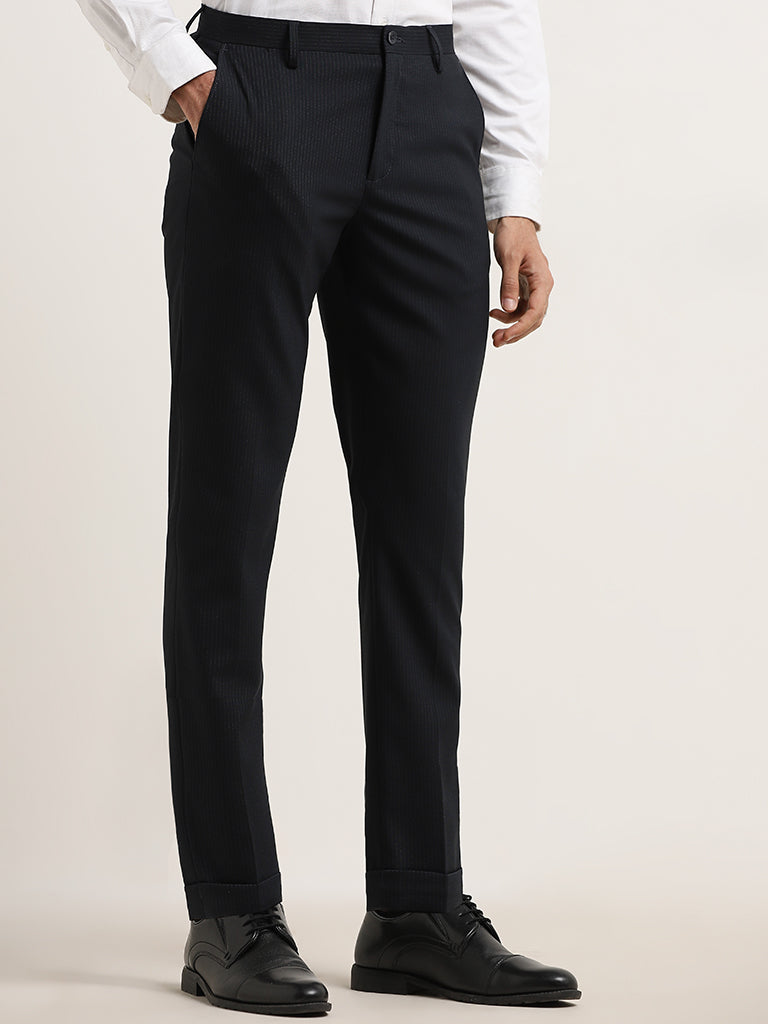 WES Formals Black Pinstripe-Detailed Carrot-Fit Cotton Blend Trousers