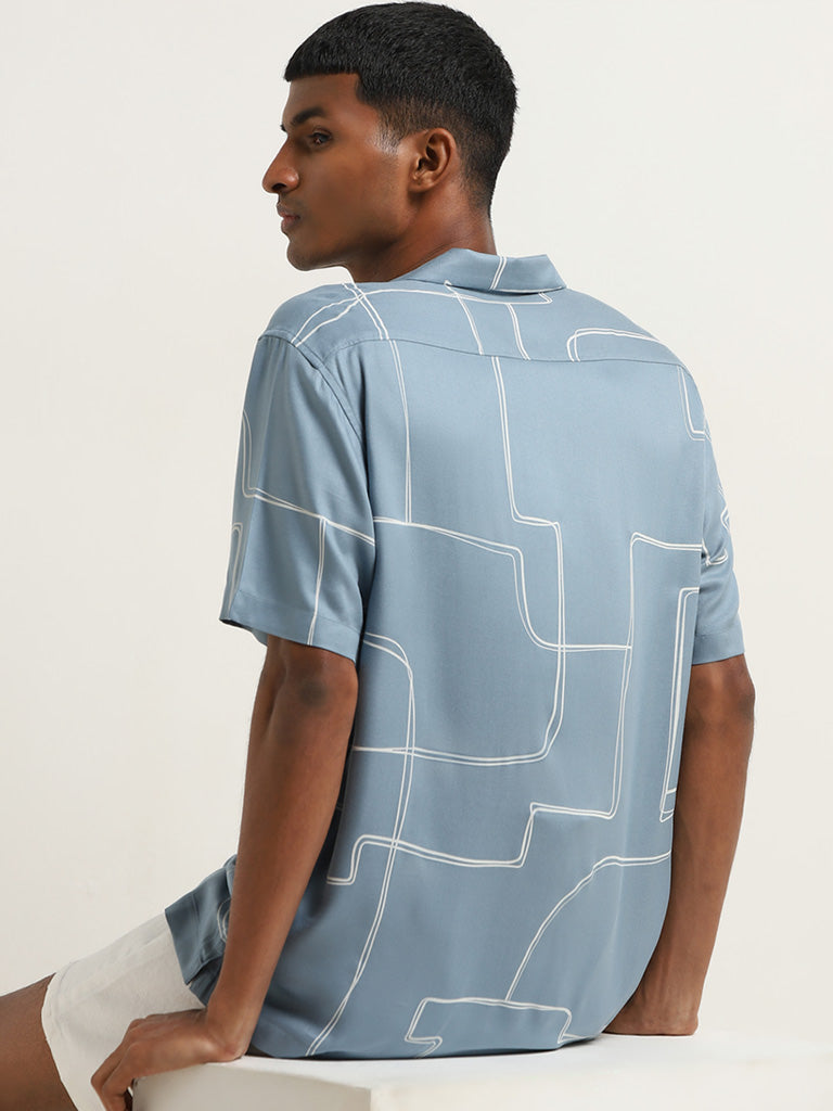 Nuon Dusty Blue Geometrical Design Relaxed-Fit Shirt