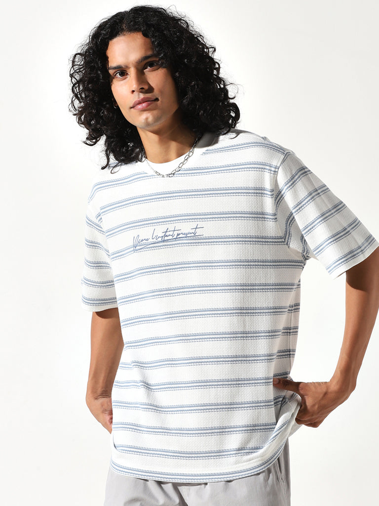 Nuon Blue Striped Cotton Relaxed Fit T-Shirt