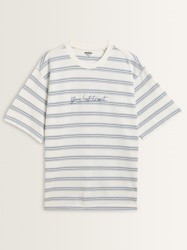 Nuon Blue Striped Cotton Relaxed Fit T-Shirt