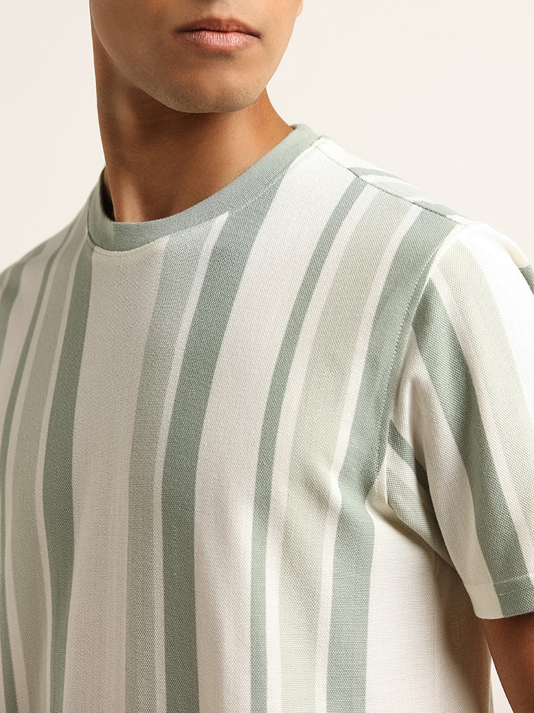 Nuon Sage Stripe Printed Slim Fit T-Shirt