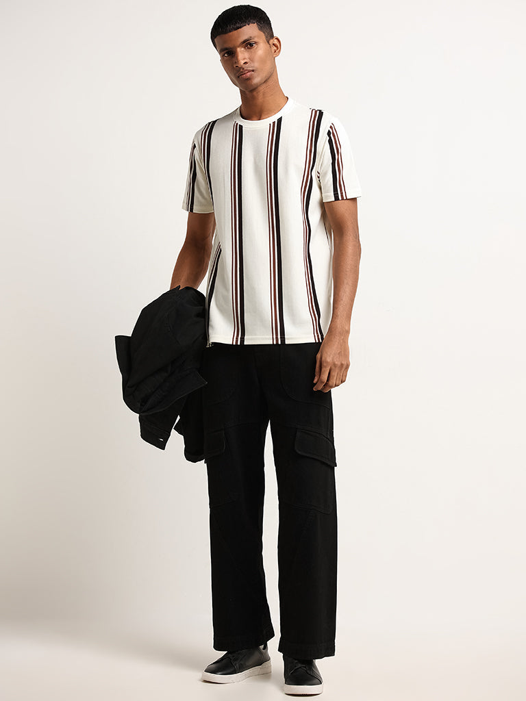 Nuon Off-White Cotton Blend Slim Fit Striped T-Shirt