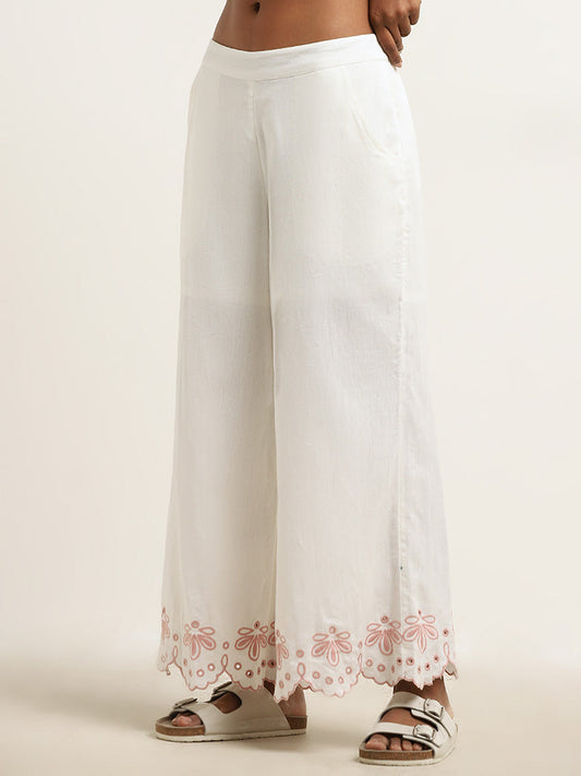 Bombay Paisley White Schiffli Detailed Cotton Mid-Rise Palazzos