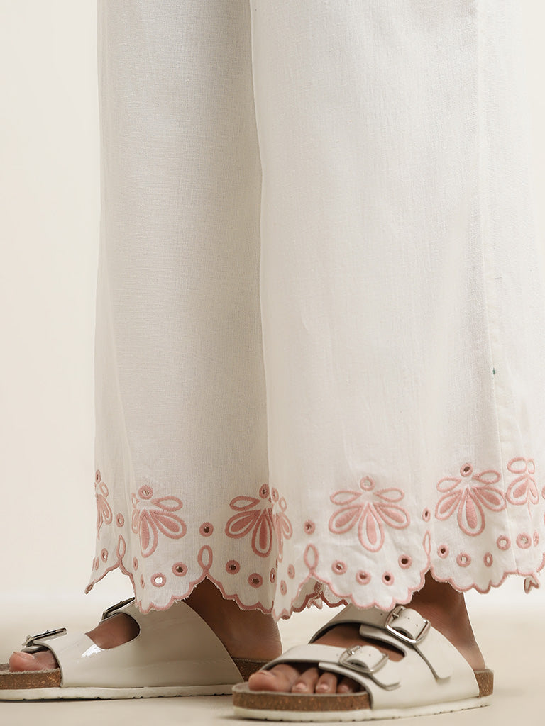 Bombay Paisley White Schiffli Detailed Cotton Mid-Rise Palazzos