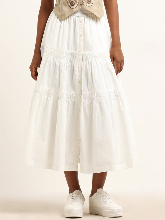 Bombay Paisley White Tiered Mid Rise Cotton Skirt