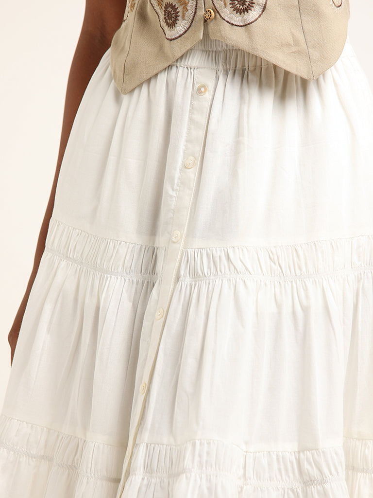 Bombay Paisley White Tiered Mid Rise Cotton Skirt