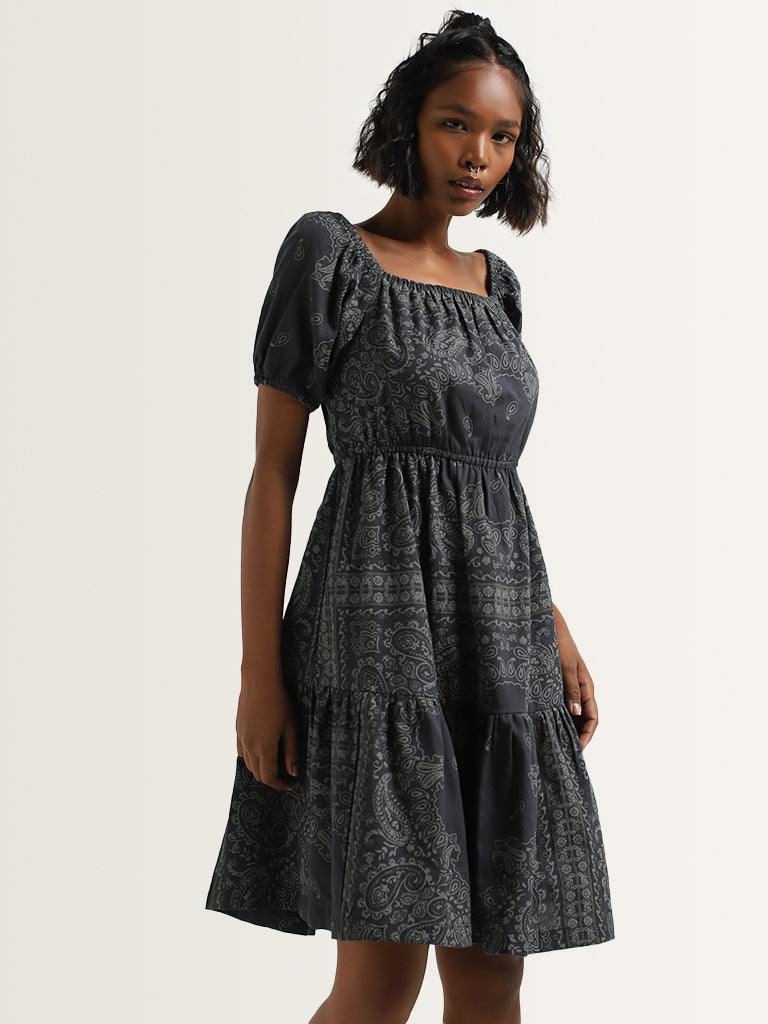 Bombay Paisley Black Paisley Print Cotton Tiered Dress