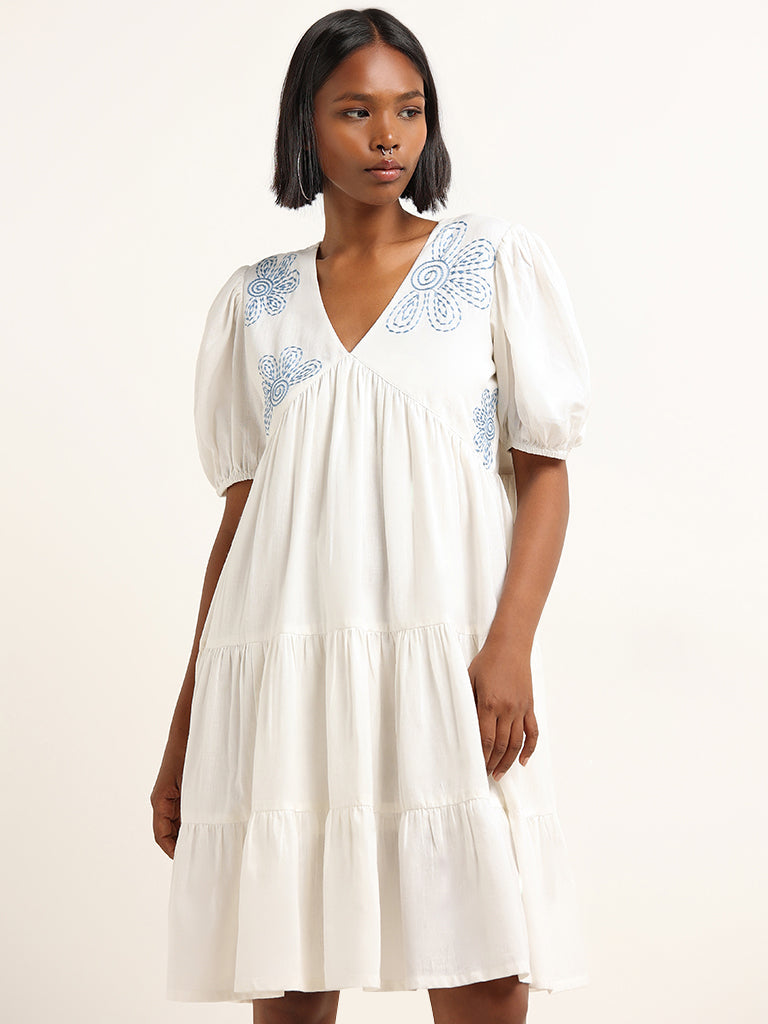 Bombay Paisley White Embroidered Cotton Blend Tiered Dress